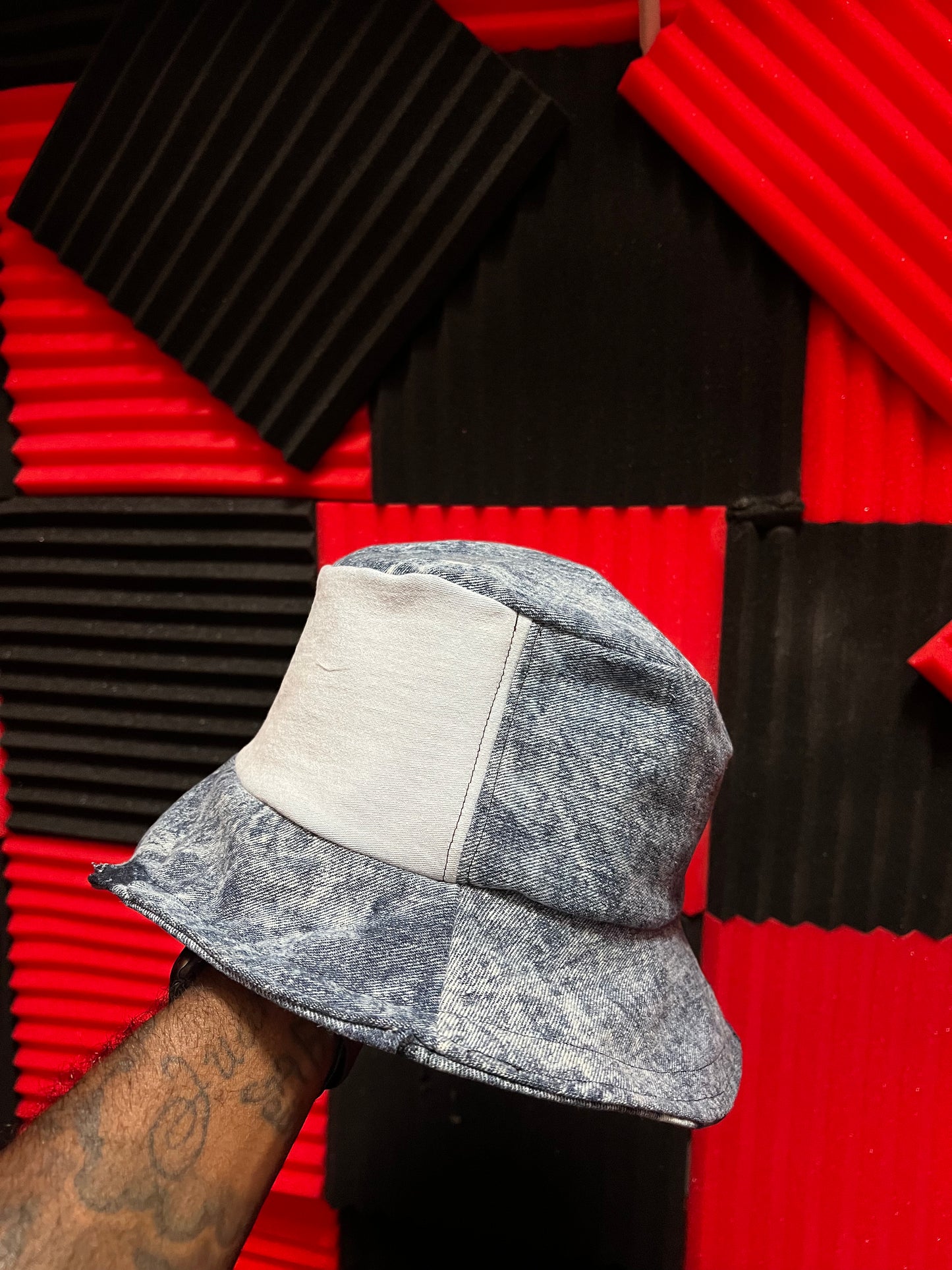 Denim/Leather Patchwork Reversible Bucket Hat - 1of1