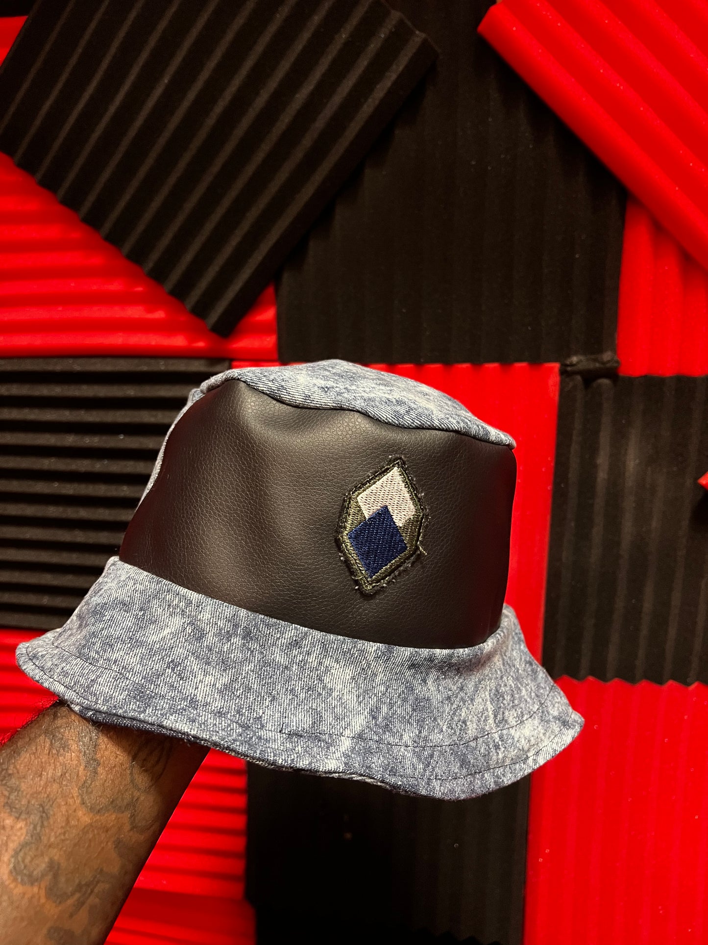 Denim/Leather Patchwork Reversible Bucket Hat - 1of1