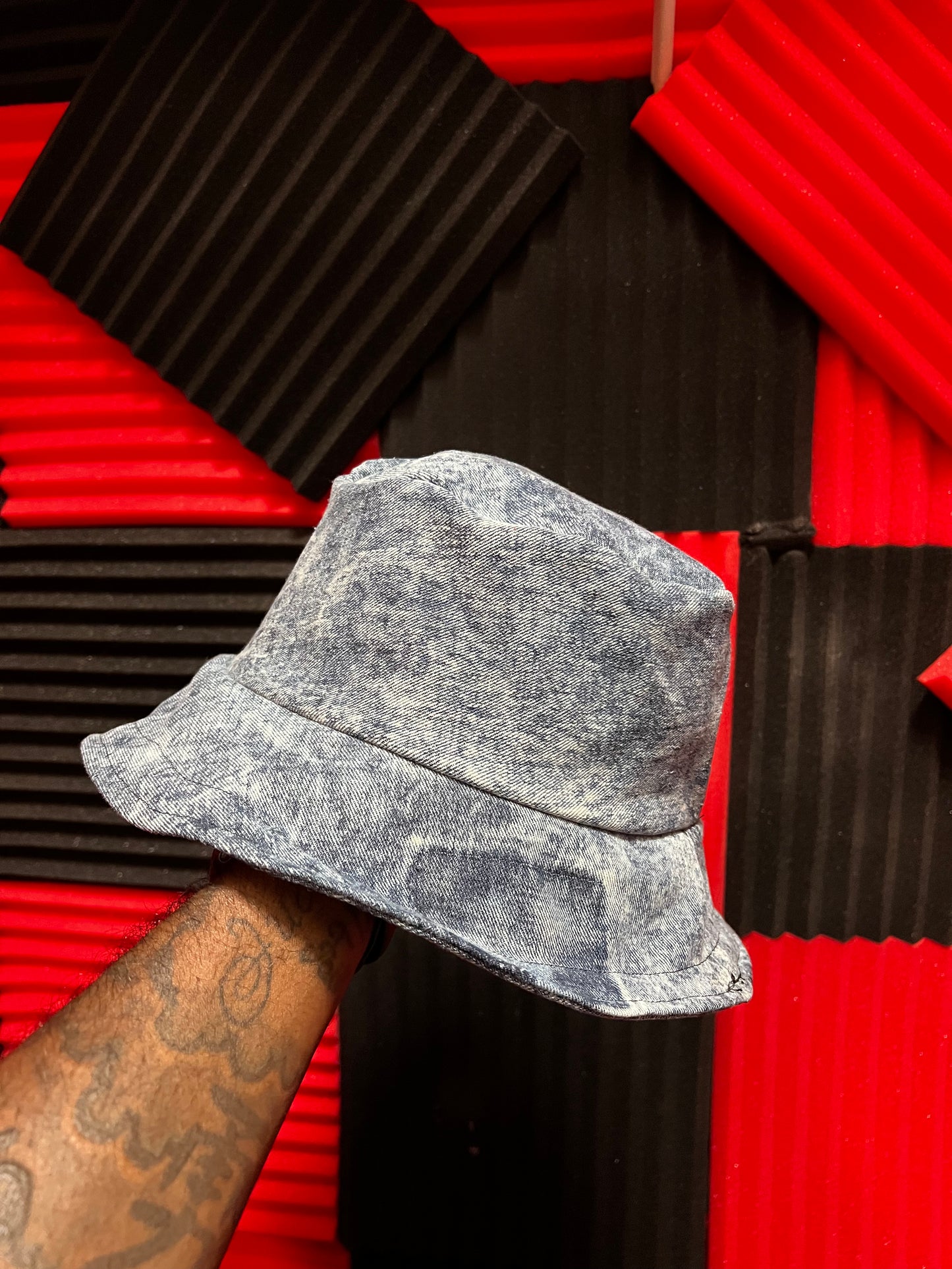 Denim/Leather Patchwork Reversible Bucket Hat - 1of1