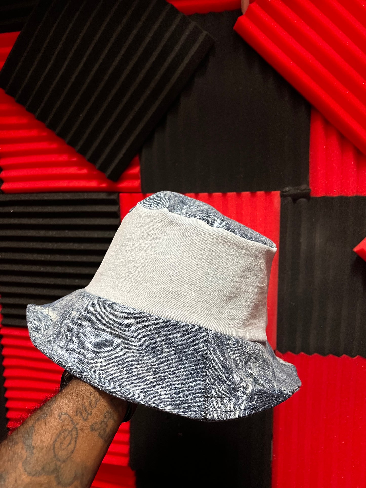 Denim/Leather Patchwork Reversible Bucket Hat - 1of1